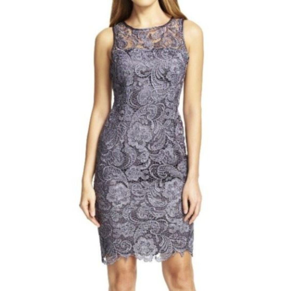 Adrianna Papell Lace Cocktail Dress 4P Petite Gray Sleeveless Formal